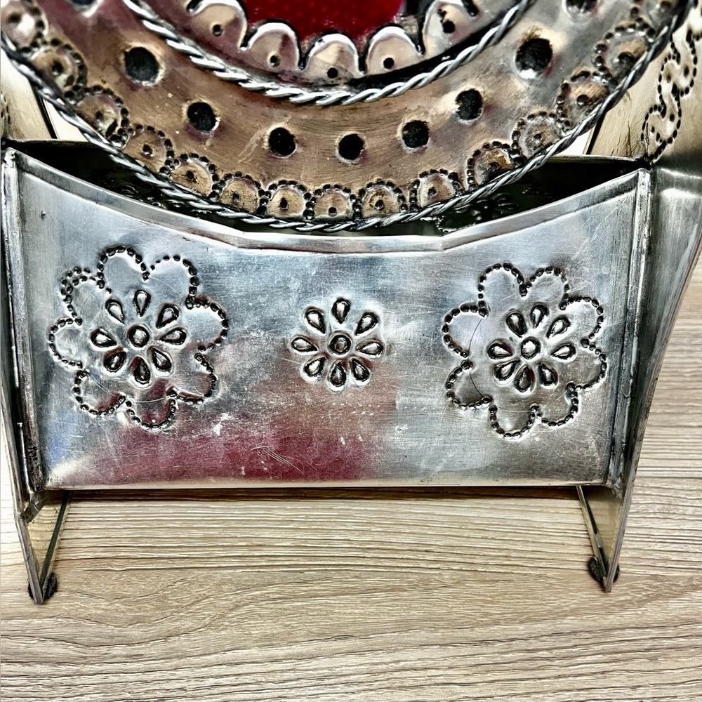 Vintage Mexican Punched Tin Vanity Mirror w/ Stand, Old Folk Art Southwestern - Picture 2 of 9